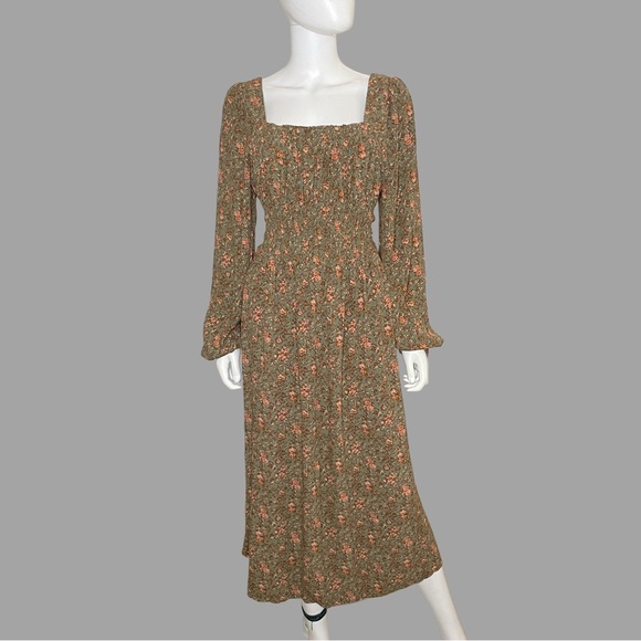 Treasure & Bond Olive- Brown Bohemian Floral Print Long Sleeve Midi Dress - Picture 2 of 6